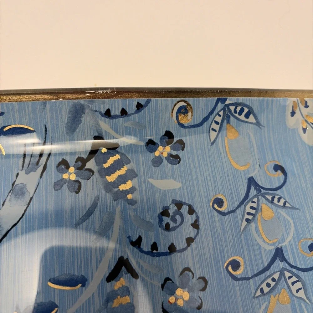 Pier 1 Vintage Blue‎ Gold Foil Art Glass Birds Oblong Serving Tray Dish Whimsy